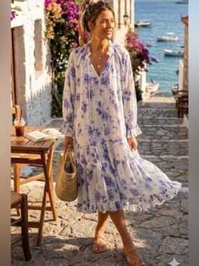 Free People-Feeling Groovy White Maxi Dress with blue Floral Print